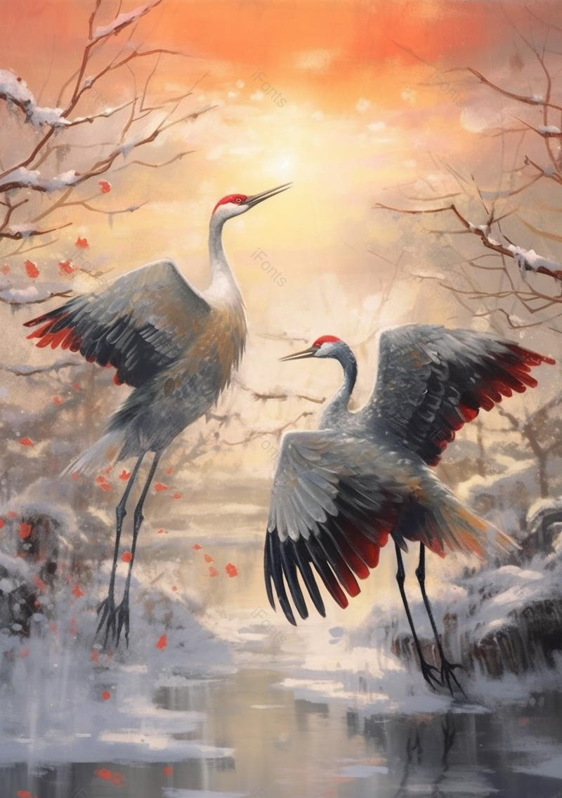 晚霞两只丹顶鹤仙鹤飞舞大寒节气国风意境鸟类手绘插画,插画/手绘图,插画/手绘图库,插画/手绘图下载,插画/手绘